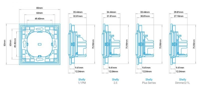 Shelly WS 4 techniczne rysunki Rysunki produktów Shelly - przekaźników i dimmerów do montażu w ścianie, czarny kolor