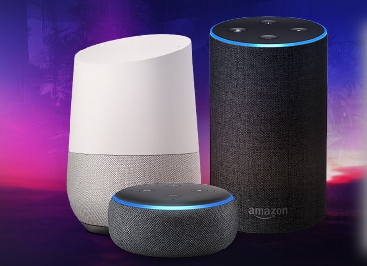 Trzy inteligentne głośniki: Google Home, Amazon Echo i Amazon Echo Dot