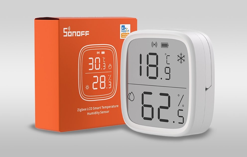 Sonoff SNZB-02D - czujnik temperatury i wilgotności z wyświetlaczem LCD Czujnik temperatury i wilgotności Sonoff SNZB-02D, wyświetlacz LCD pokazujący 18,9°C i 62,5% wilgotności