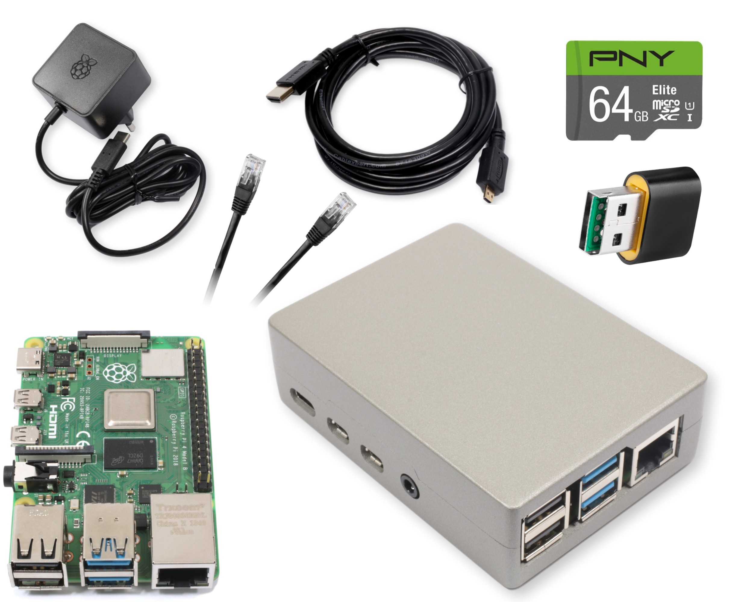 Zestaw do montażu Raspberry Pi 4 Model B wraz z zasilaczem, kablem HDMI, Ethernet oraz kartą pamięci microSD 64GB