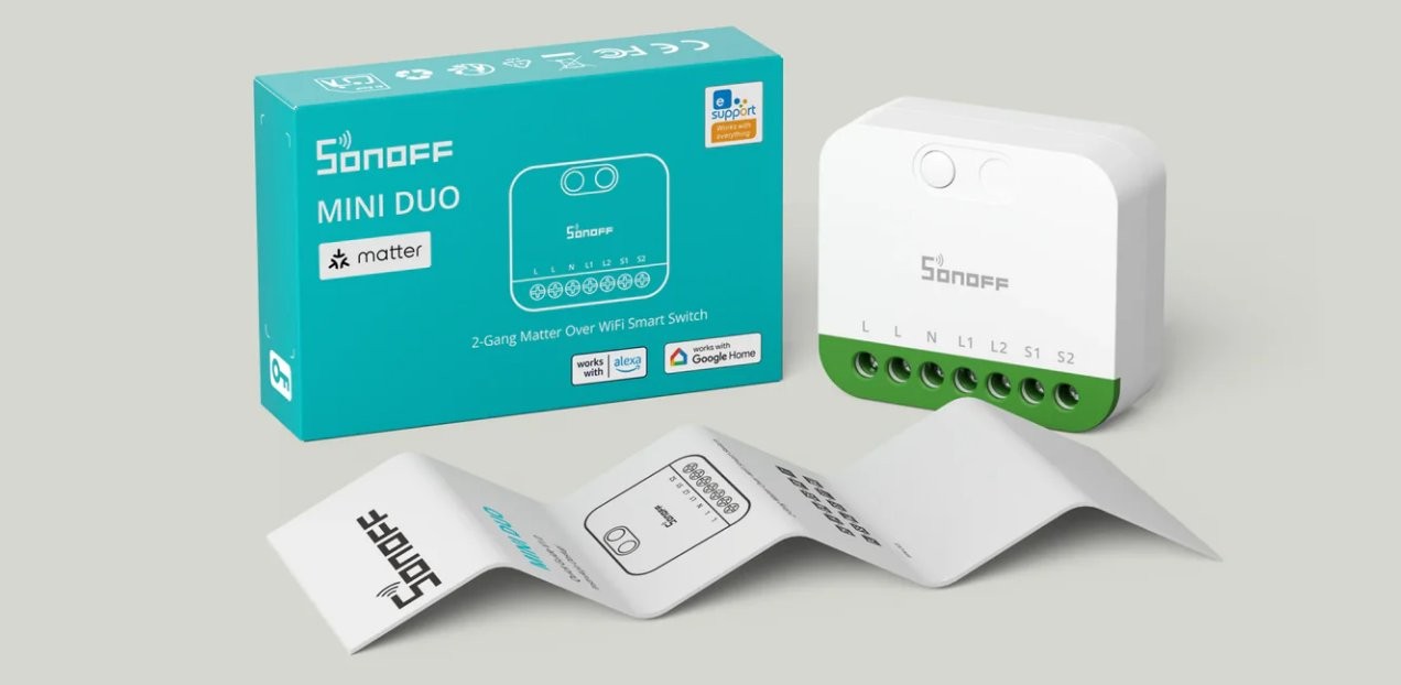 Sonoff Mini 2GS Dwukanałowy Smart-Switch Matter SONOFF MINI-2GS - dwukanałowy mini przełącznik Matter wraz z opakowaniem i instrukcją