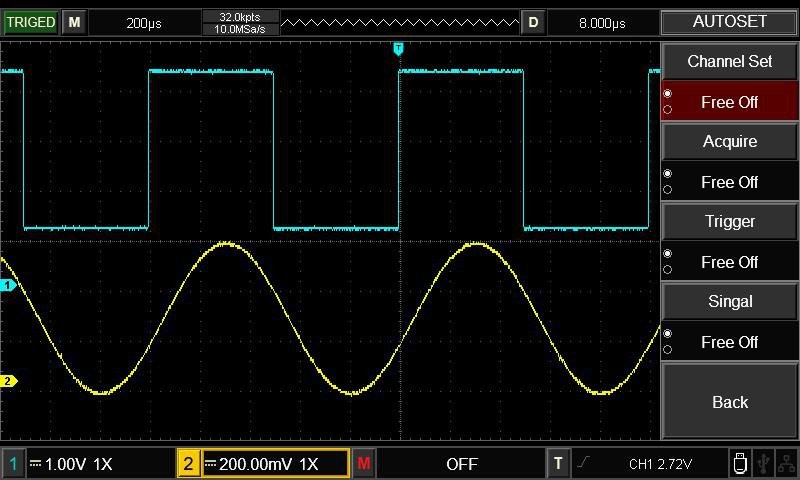 Uni-T UTD2052CL+, oscyloskop Oscyloskop Uni-T UTD2052CL+ - wyświetlony sygnał prostokątny i sinusoidalny, parametry pomiarowe