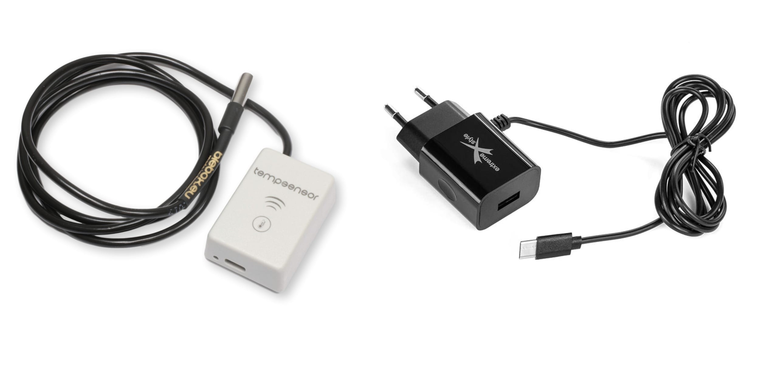 Czujnik temperatury BleBox tempSensor wraz z czarnym kablem i zasilaczem USB-C