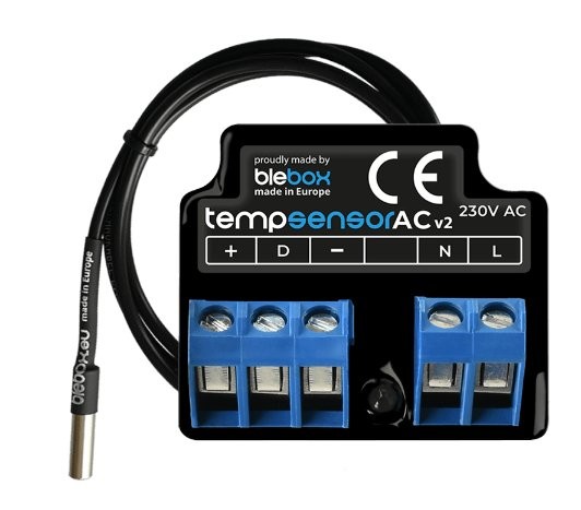 BleBox tempSensor AC BleBox tempSensor AC - czarny czujnik temperatury v2 z białym napisem i niebieskimi terminalami
