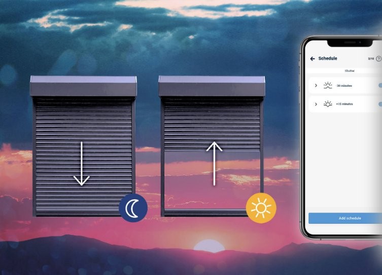 BleBox shutterBox DIN – automatyczne sterowanie roletami: tryb nocny (zatrzaskany) i dzienny (otwarty), programowanie w aplikacji.