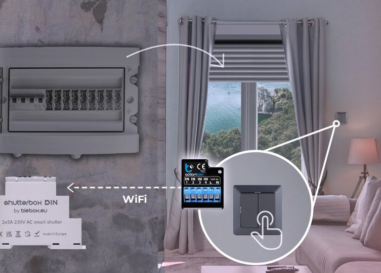 shutterbox DIN – inteligentny moduł sterujący roletami WiFi, montaż w szafce elektrycznej. Sterowanie aplikacją, made in Europe.