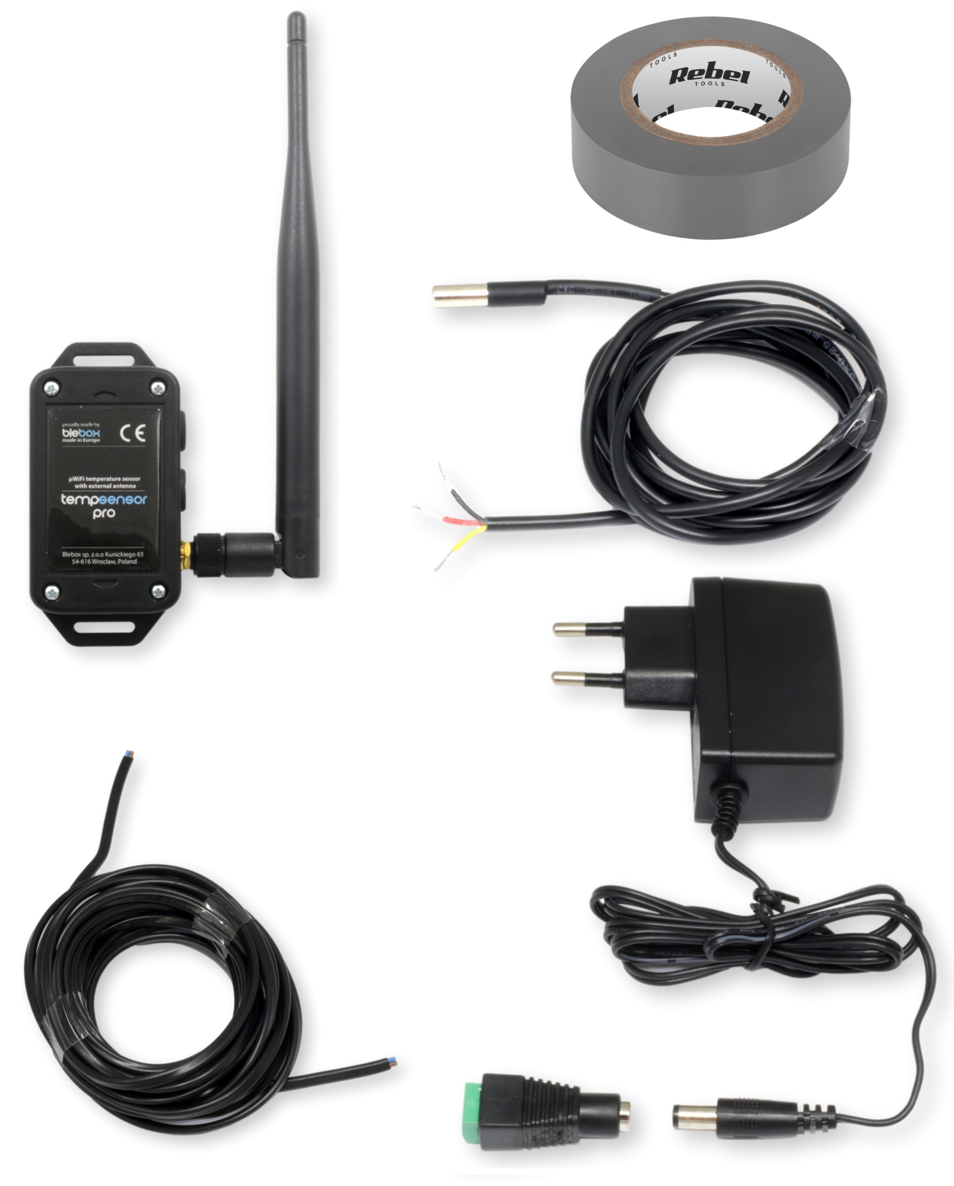 Czujnik temperatury BleBox tempSensor PRO z anteną, zestaw akcesoriów: zasilacz, przewody, gniazdo, taśma izolacyjna Rebel Tools