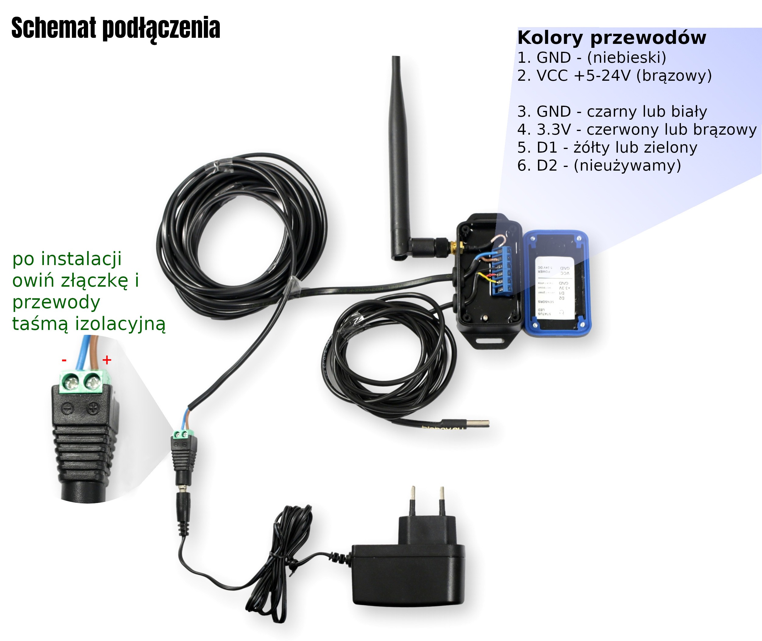 Zestaw BleBox tempSensor PRO + zasilacz + przewód 5m/szyb.złączka - zestaw elektroniczny z anteną, przewodami i zasilaczem