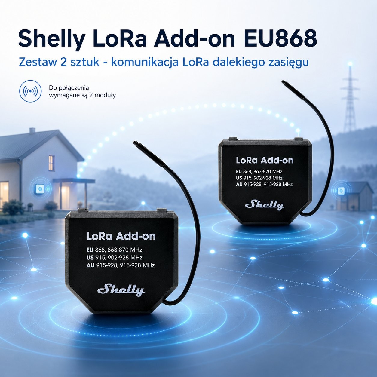Shelly LoRa Add-on Zestaw 2 Przekaźników EU868 Zestaw 2 sztuk Shelly LoRa Add-on EU868 - czarne urządzenia do rozszerzania funkcjonalności domowych przekaźników