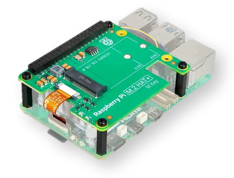 Raspberry Pi M.2 HAT+ na Raspberry Pi 5 Raspberry Pi M.2 HAT+ - moduł do Raspberry Pi 5 z szybkim transferem danych do dysków NVMe i akcesoriów PCIe