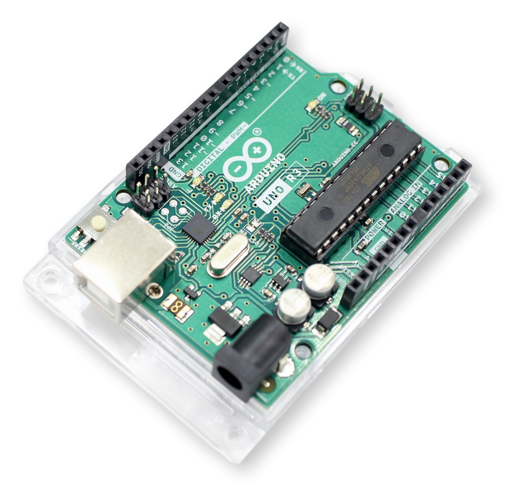 Arduino Uno Rev3 A000066 - przezroczysta płyta główna w obudowie na białym tle