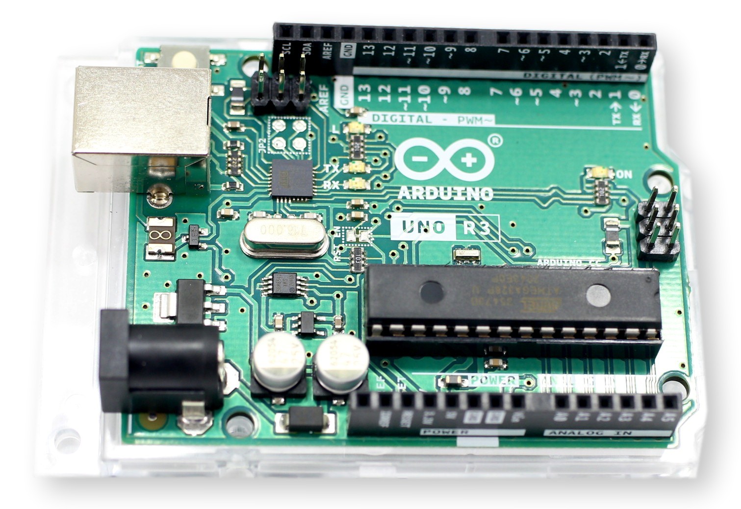 Arduino Uno Rev3 A000066 - przezroczysty opakowanie z widocznym mikrokontrolerem i portem USB