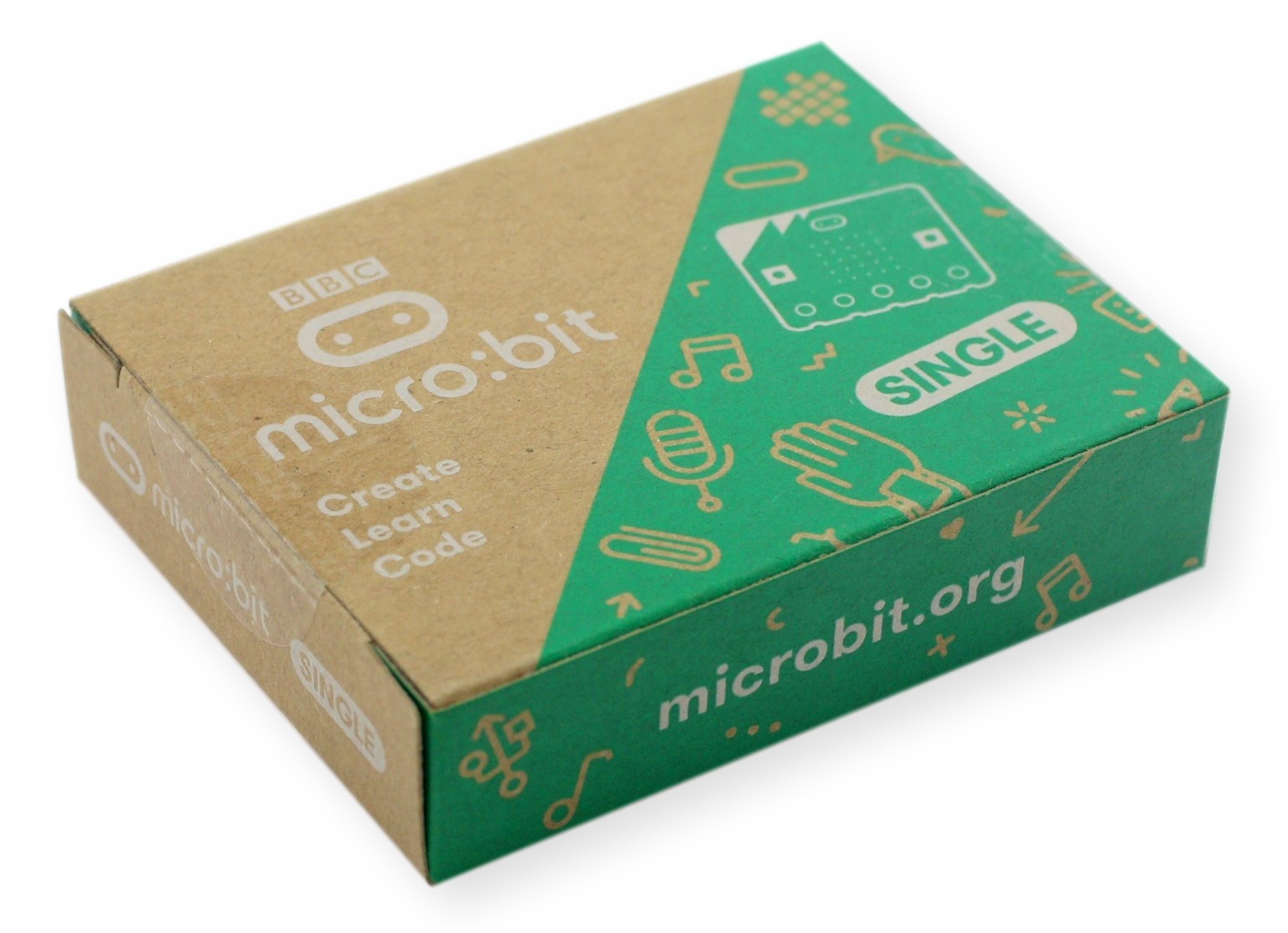 Opakowanie micro:bit V2 single w kolorze brązowym i zielonym z logo BBC