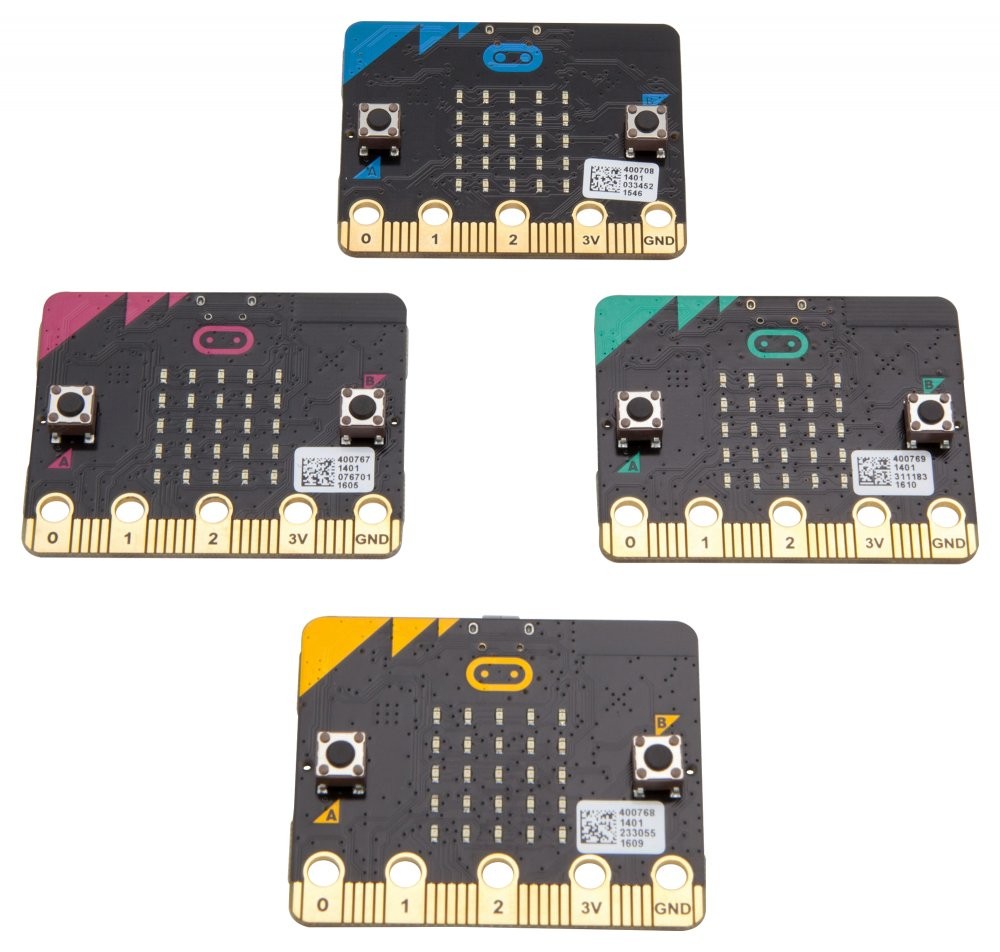 micro:bit V2 single - moduł edukacyjny BBC w czterech kolorach (niebieski, różowy, zielony, żółty) z elementami przycisków, LEDów i portów