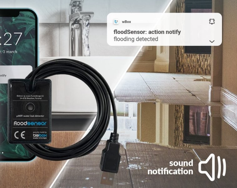 BleBox floodSensor - czarny sensor wody do wykrywania przepływu wody, wyposażony w przewód USB