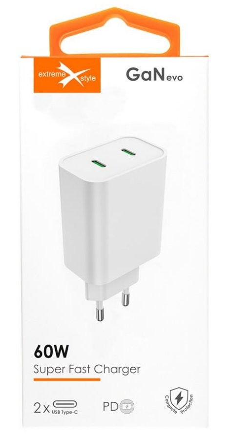 Ładowarka sieciowa GaN evo 60W - biała ładowarka z dwoma portami USB Type-C