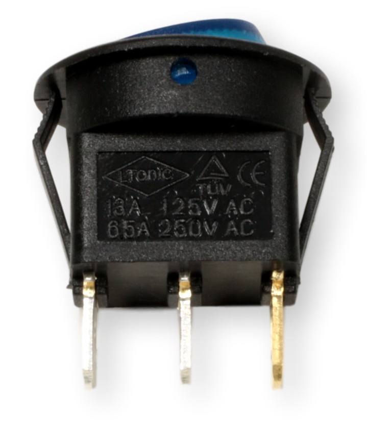 Przełącznik 230V podświetlony niebiesko, czarna obudowa, parametry: 13A 125V AC, 6,5A 250V AC
