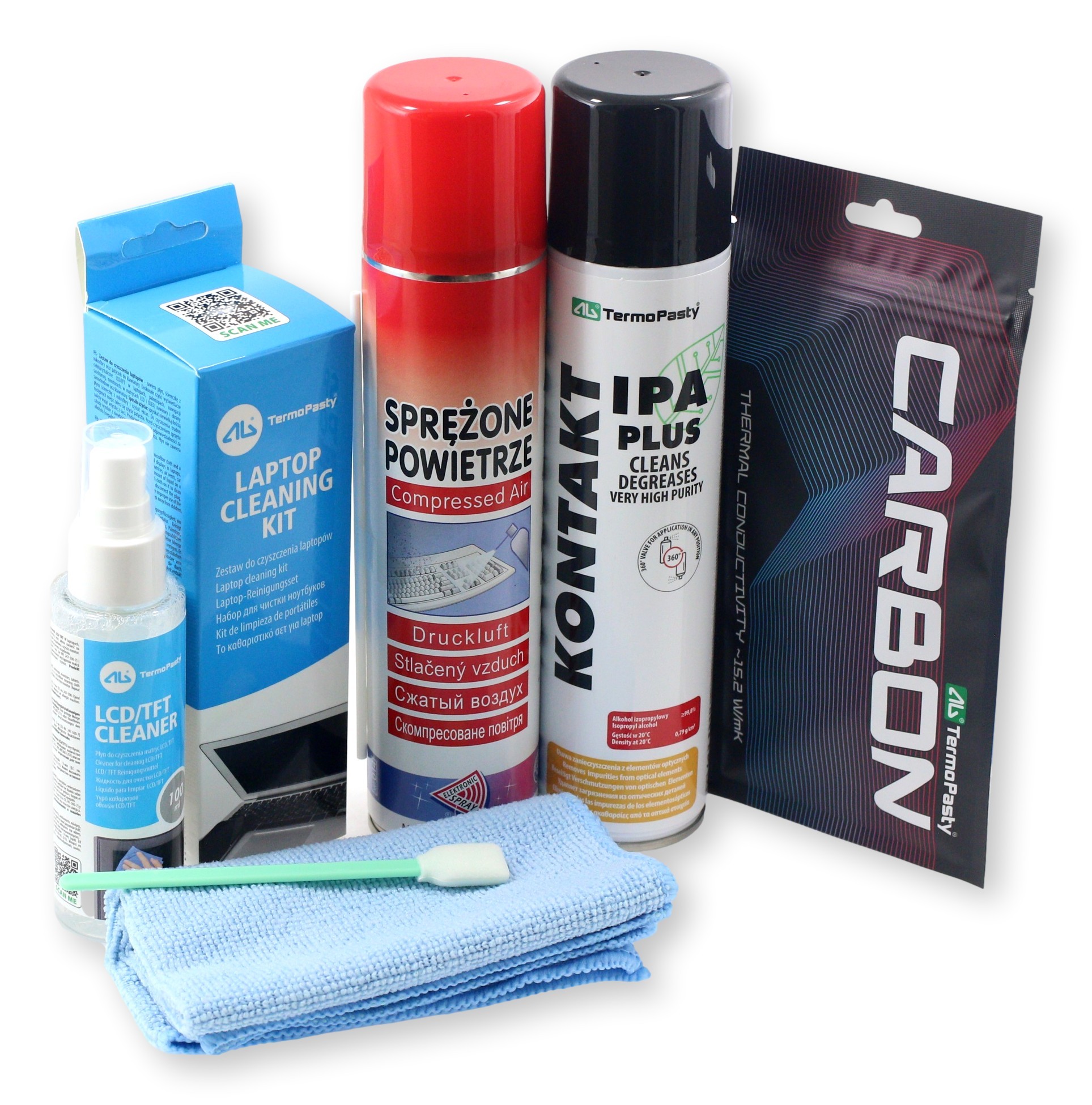 Zestaw do czyszczenia laptopa TermoPasty Zestaw do czyszczenia laptopa i elektroniki zawierający płyn do czyszczenia LCD/TFT, sprężone powietrze, płyn IPA Plus, pastę termiczną Carbon 1g i mikrofibryczną chusteczkę z patyczkiem