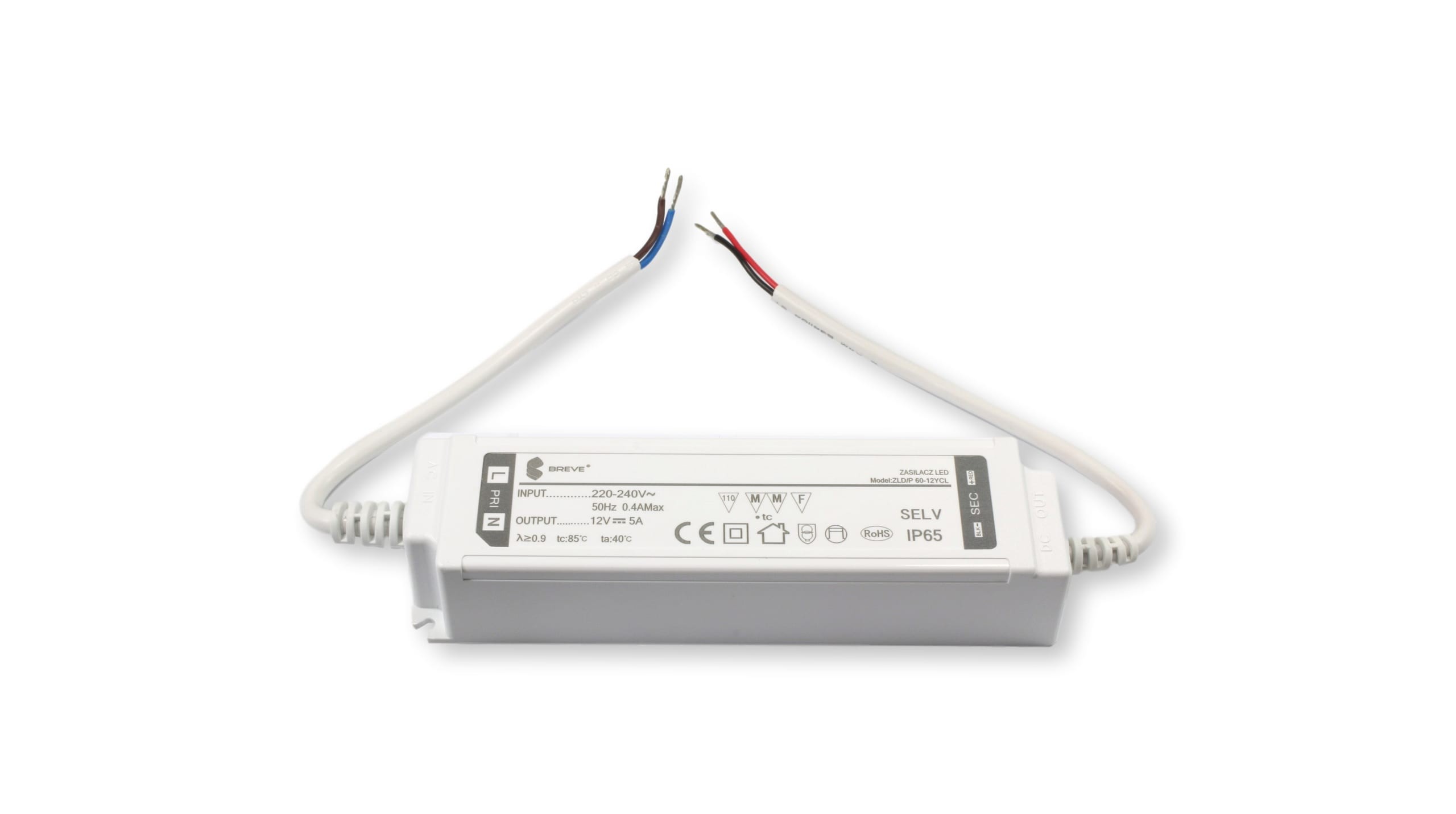 Zasilacz LED BREVE ZLD/IP 60-12YCL - 12V DC, 60W, IP65