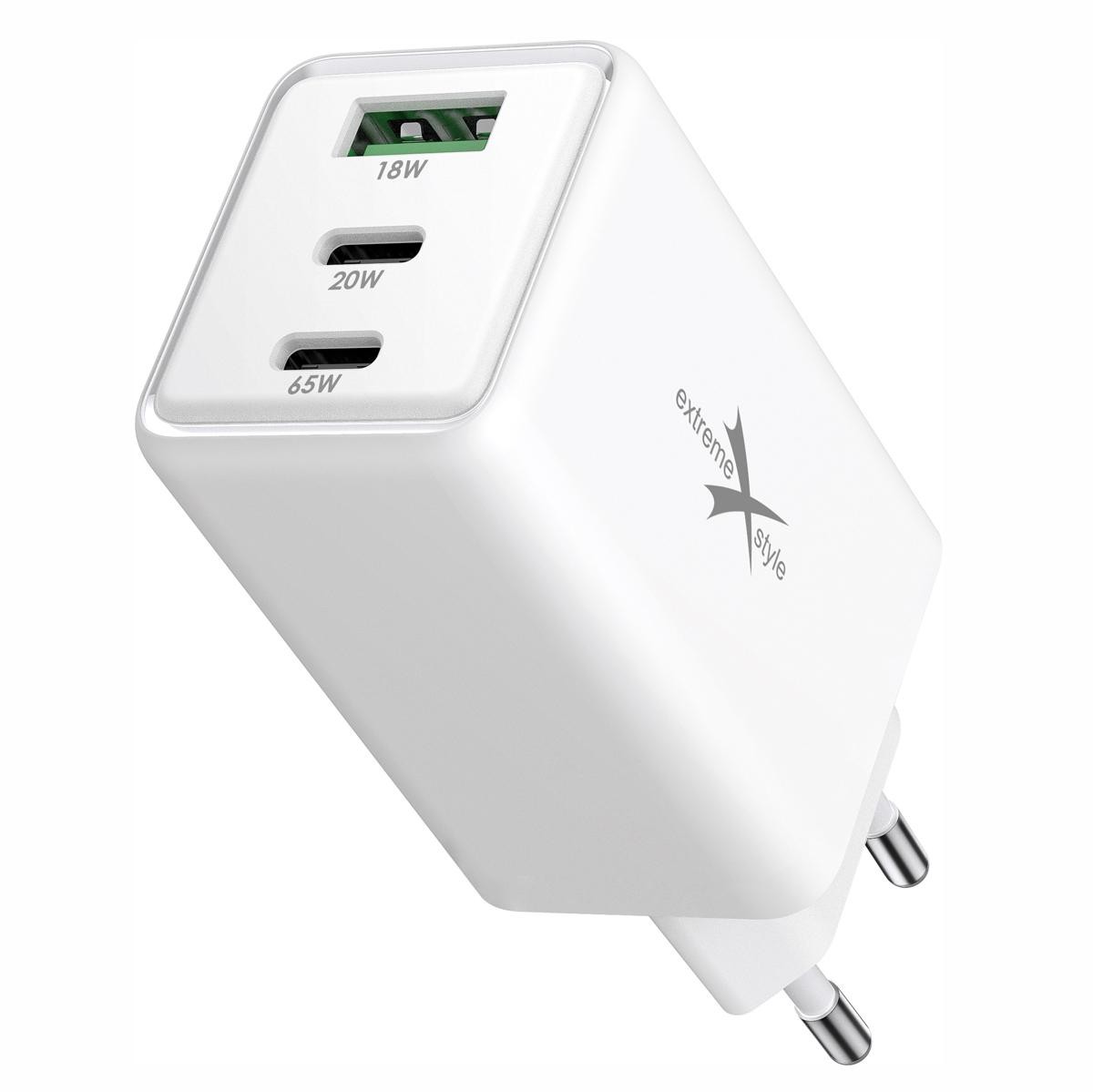 eXtremestyle GaN evo 65W - kompaktowy adapter sieciowy Kompaktowa ładowarka sieciowa eXtremestyle GaN evo 65W z trzema portami USB-C