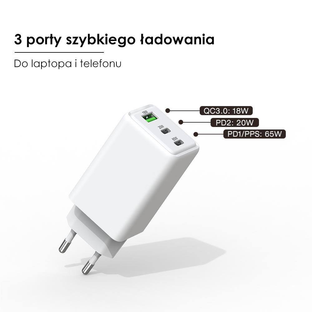 GaN evo 65W - Ładowarka sieciowa 3x USB-C+USB Ładowarka sieciowa GaN evo 65W z trzema portami USB-C i USB - kompaktowe zasilanie dla wielu urządzeń, szybkie ładowanie do laptopa i telefonu