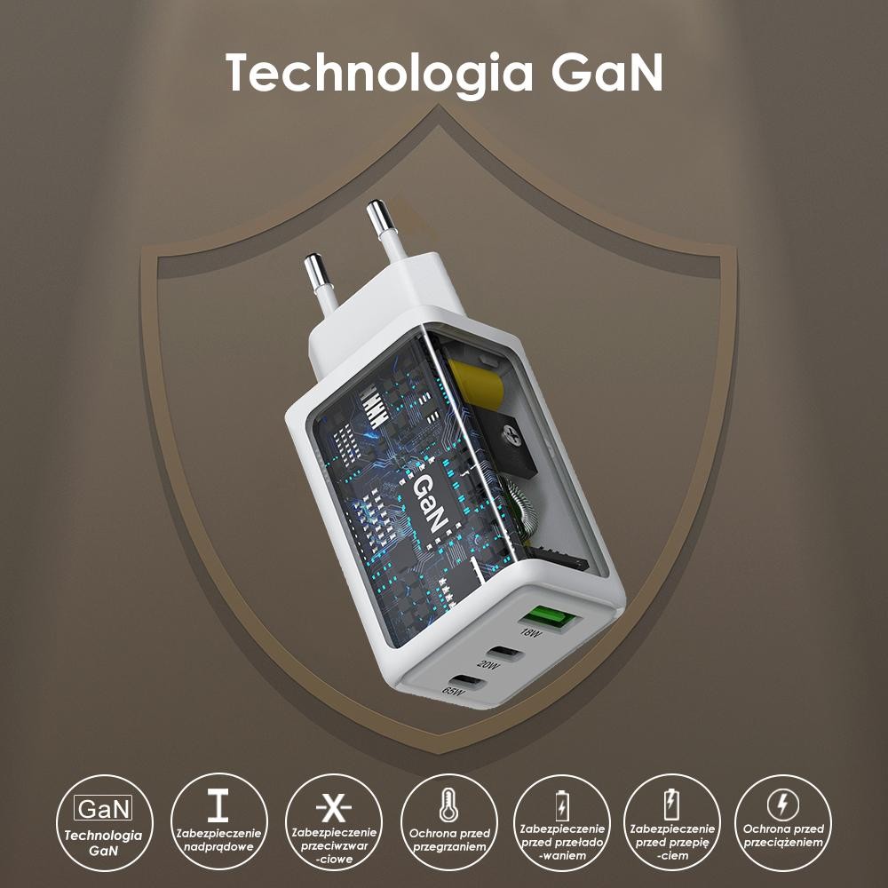 GaN evo 65W - Ładowarka sieciowa Ładowarka sieciowa GaN evo 65W z technologią GaN, bezpieczne zasilanie dla wielu urządzeń