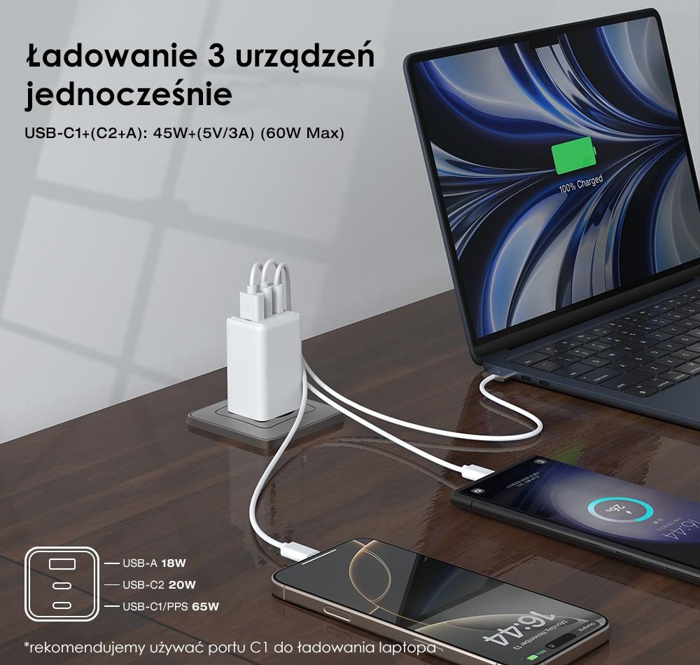 GaN evo 65W - Ładowarka sieciowa 3x USB-C/USB-A Ładowarka sieciowa GaN evo 65W - kompaktowy adapter do ładowania wielu urządzeń
