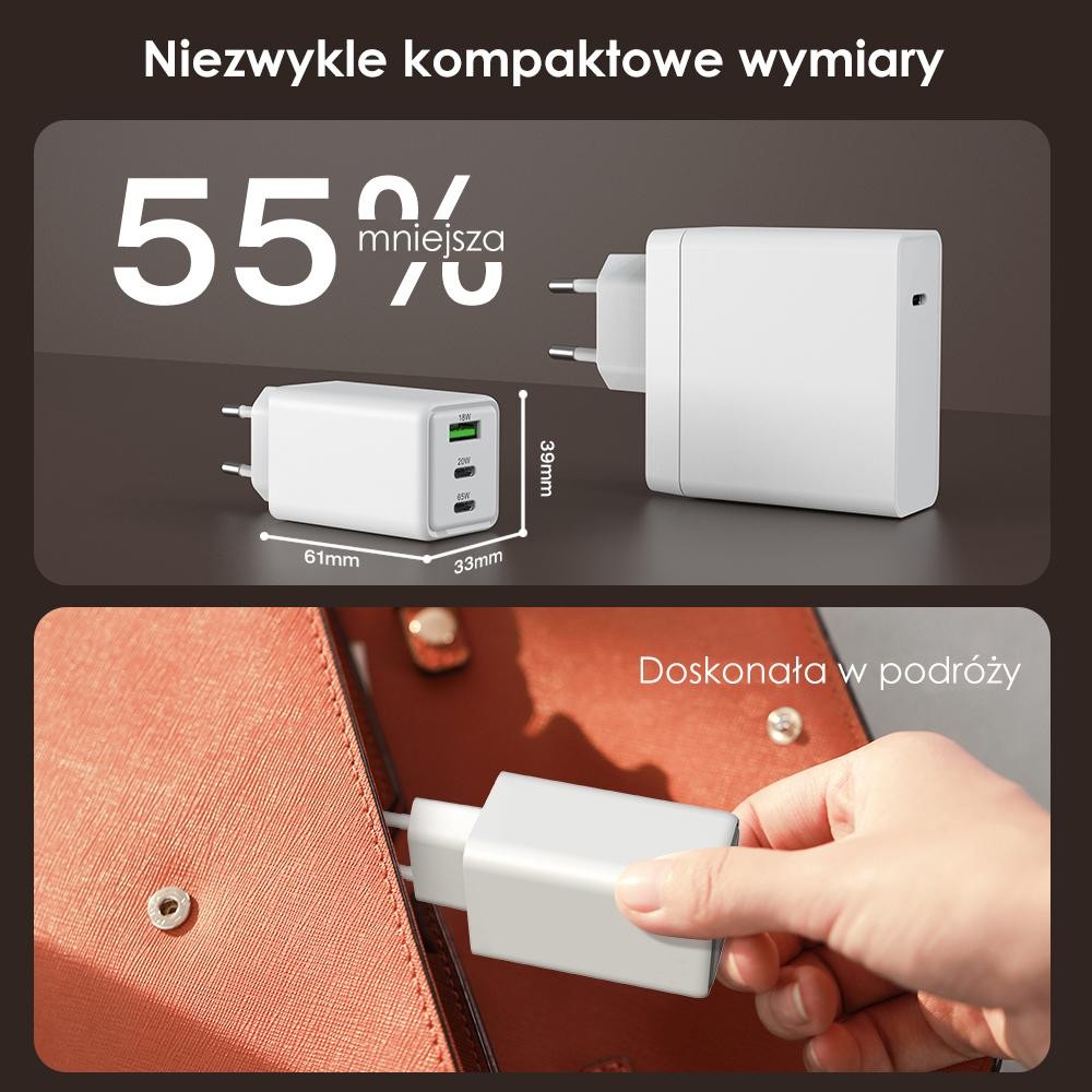 GaN evo 65W Ładowarka sieciowa Ładowarka sieciowa GaN evo 65W - kompaktowe zasilanie dla wielu urządzeń, mniejsza w porównaniu do innych