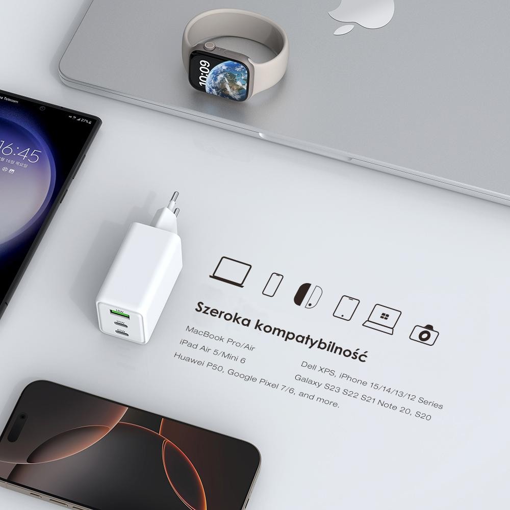 GaN evo 65W - ładowarka sieciowa Ładowarka sieciowa GaN evo 65W z USB-C i USB, kompatybilna z wieloma urządzeniami