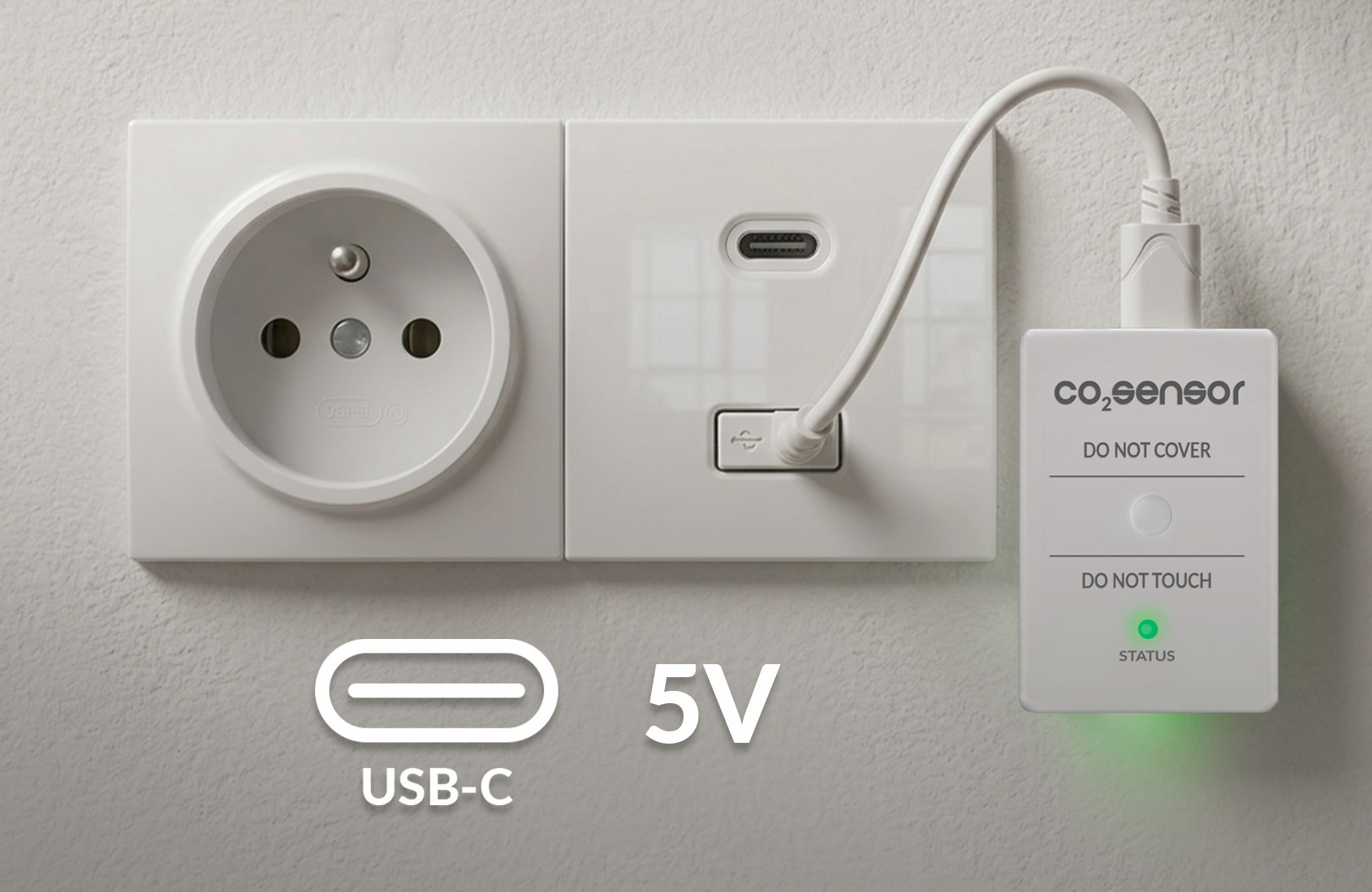 Blebox CO2Sensor Blebox CO2Sensor - inteligentny czujnik stężenia dwutlenku węgla z funkcją automatyzacji i powiadomieniami, widoczne na tle tekstury ściany