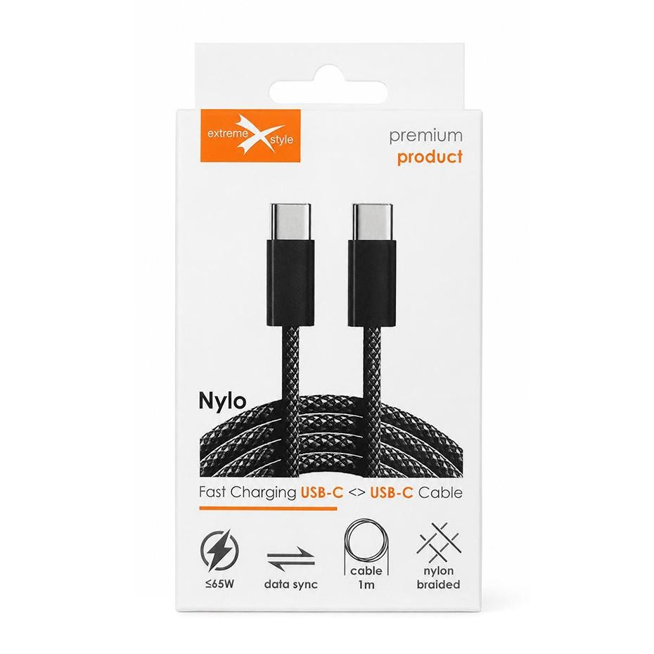 eXtremestyle Nylo - kabel USB-C 65W 1m Kabel USB-C eXtremestyle Nylo C-C 65W o długości 1m w czarnym opakowaniu
