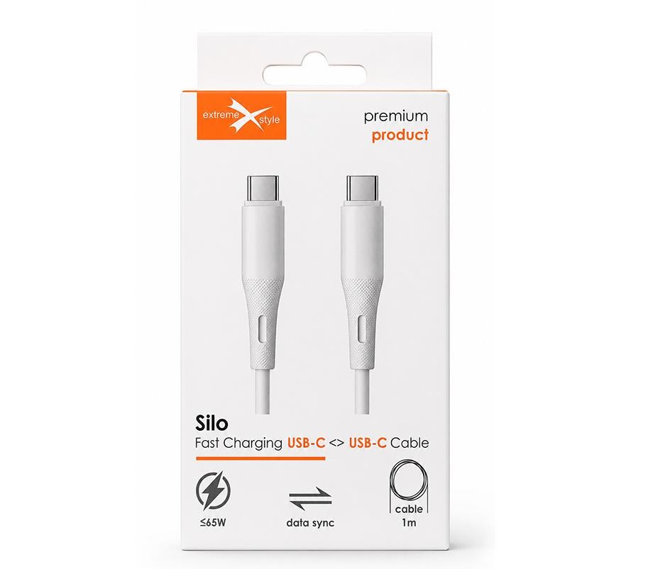 Kabel eXtremestyle Silo C-C 65W 1m biały Kabel USB-C Silo o mocy do 65 W z elastyczną powłoką i wzmocnionymi zakończeniami, długość 1m