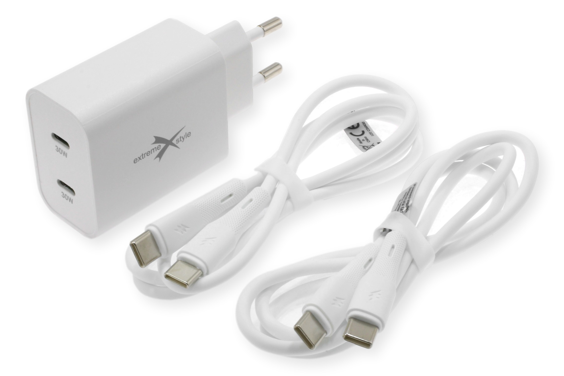 Ładowarka 60W 2x USB-C Extreme X Style Zestaw ładowarka 60W + 2x USB-C - USB-C do ładowania dwóch urządzeń
