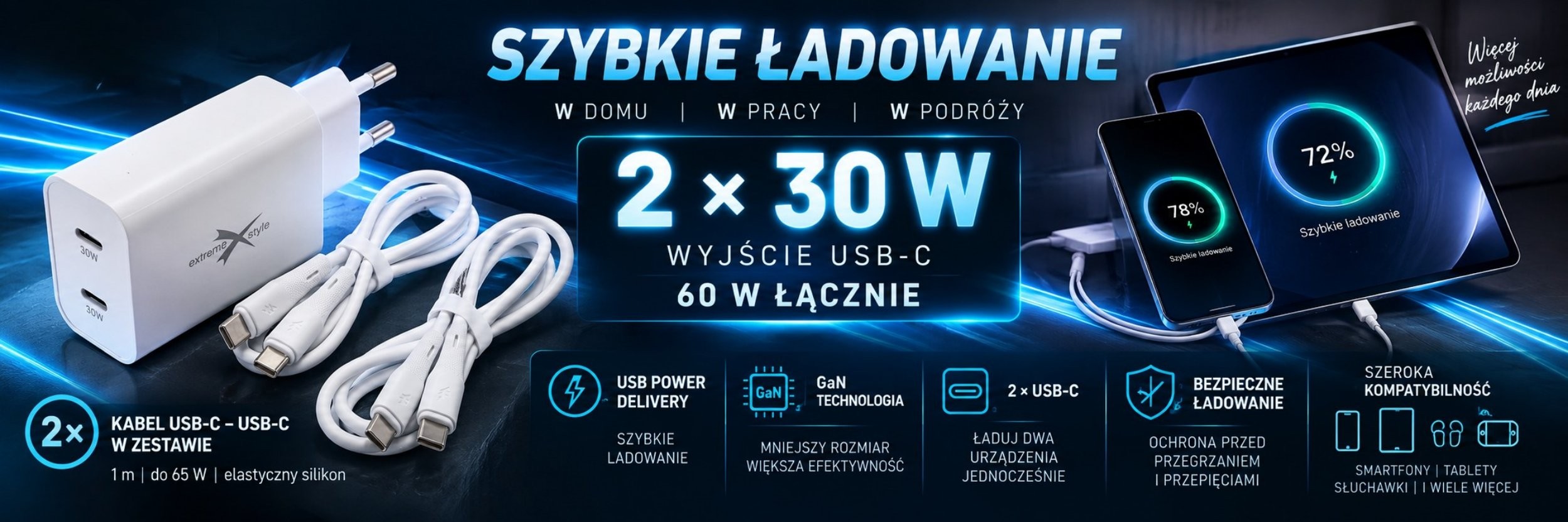 Ładowarka 60W z dwoma USB-C - Extreme X style Zestaw ładowarka 60W + 2x USB-C - USB-C, ładowarka GaN evo 60 W i dwa przewody Silo 65 W