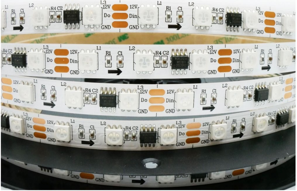Taśma LED RGB 60D/m WS2811 12V 5m - szczegóły elektroniczne i montażowe