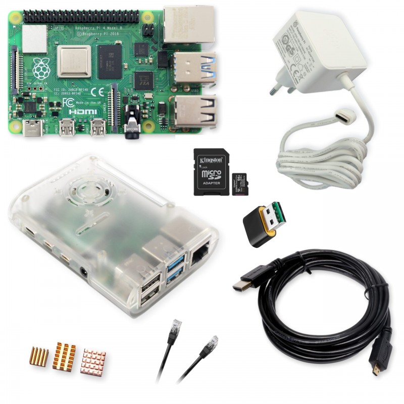 Raspberry Pi 4 Model B 2GB zestaw 64GB z zasilaczem, przezroczystą obudową i micro HDMI