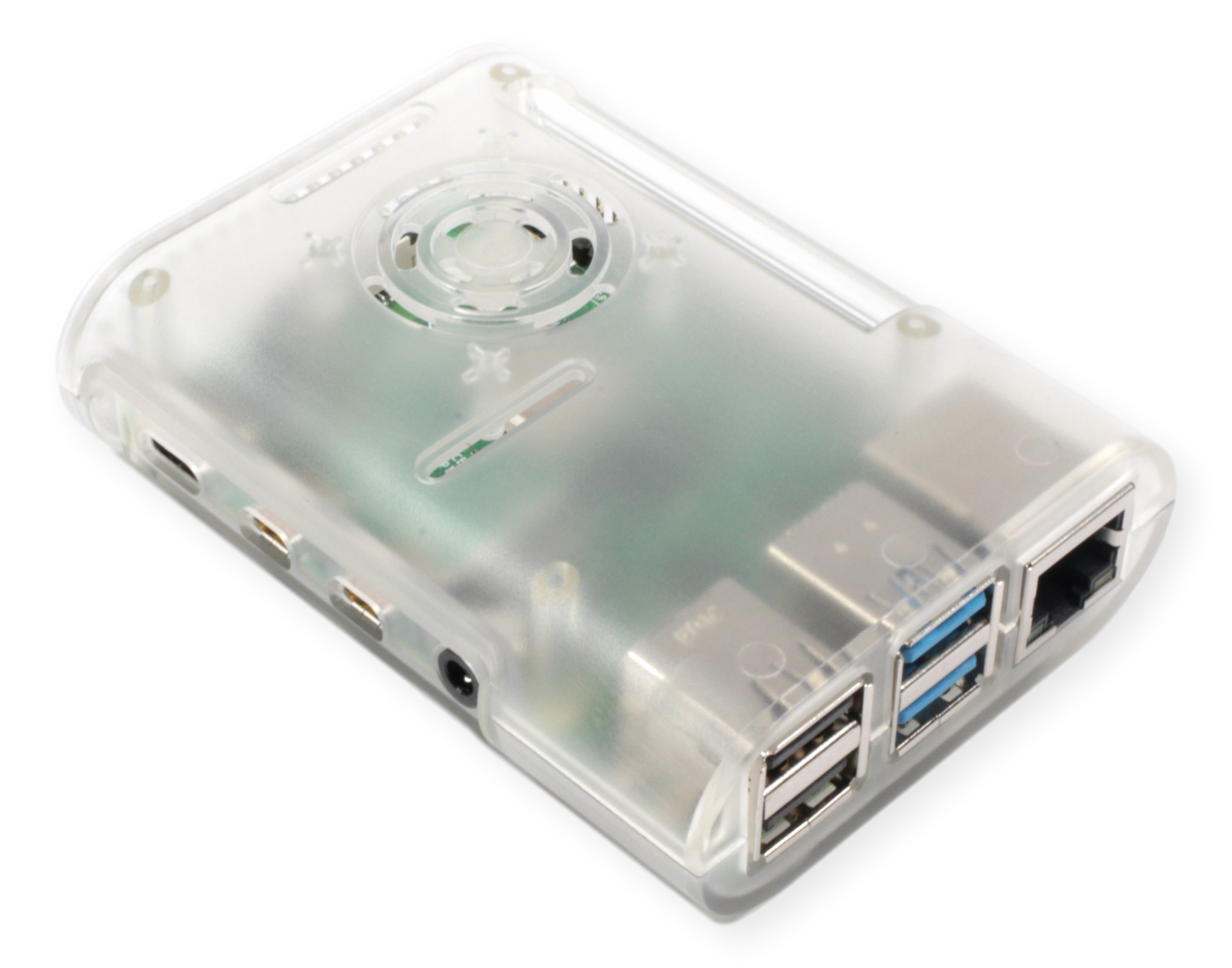 Raspberry Pi 4 Model B w przezroczystej obudowie z portami USB, Ethernet i gniazdem audio