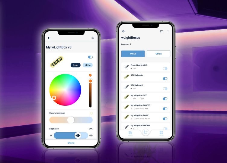 BleBox wLightBox v3 BleBox wLightBox v3 - interfejs aplikacji na smartfonach z ustawieniami kolorystycznymi i listą urządzeń