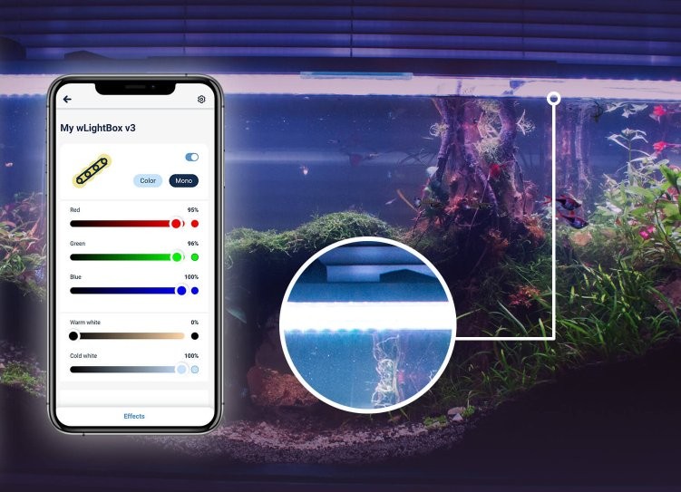 BleBox wLightBox v3 - sterowanie światłem w akwarium BleBox wLightBox v3 - ustawienia kolorów i efektów w aplikacji, idealne dla akwariów