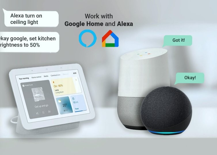 System domowy - interfejs i kontrola za pomocą Google Home i Alexa Domowy system inteligentny z tabletem, głośnikami Google Home i Alexa