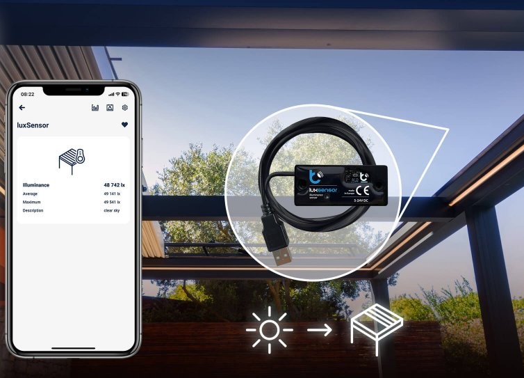 Blebox luxSensor Blebox luxSensor - czarny sensor światła z USB, pomiary jasności oraz ikony ilustrujące działanie
