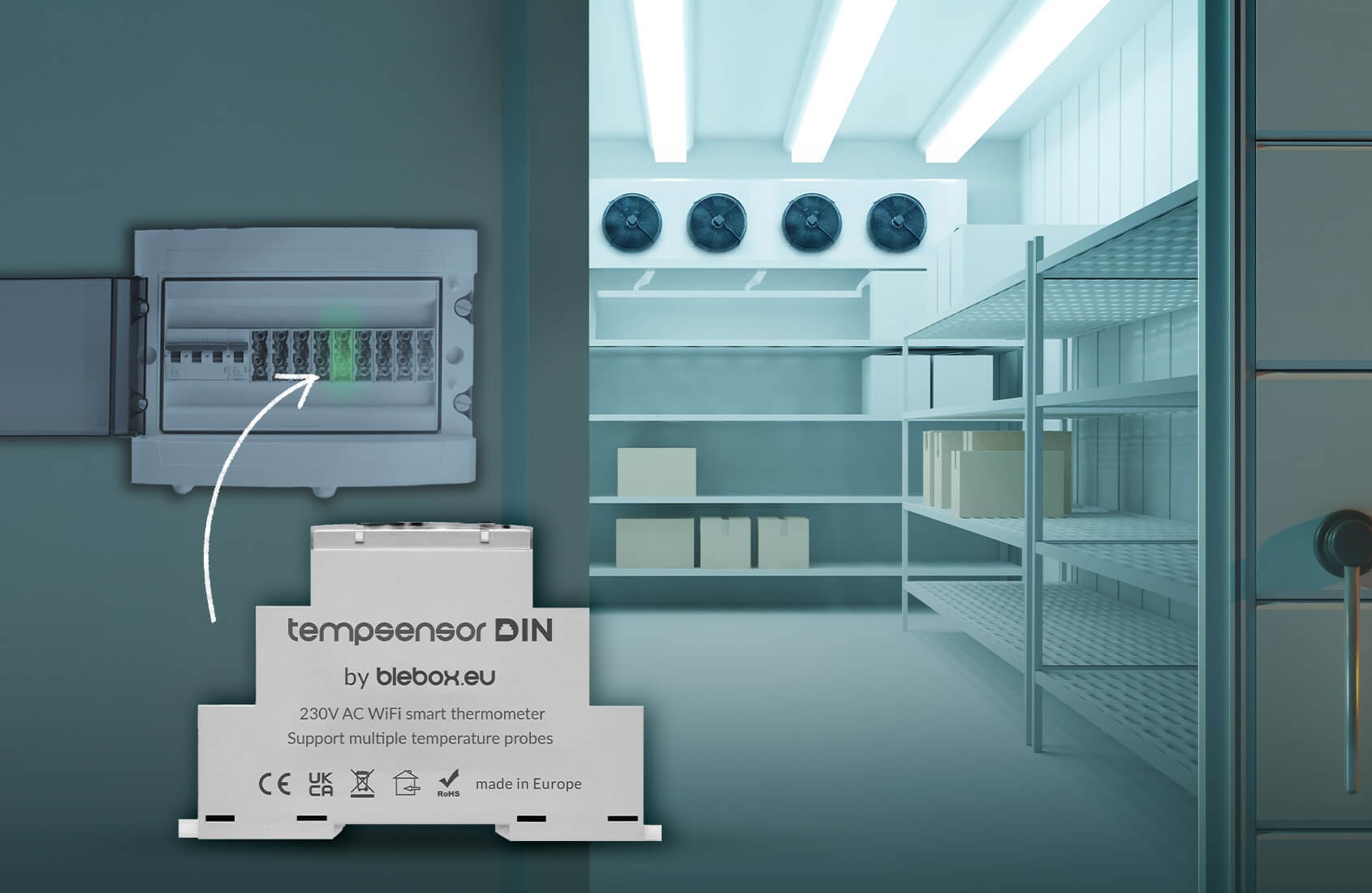 BleBox tempSensor DIN 230V AC WiFi smart thermometer BleBox tempSensor DIN - czujnik temperatury WiFi 230V AC do pomiaru w różnych środowiskach, wspiera wiele sond temperaturowych