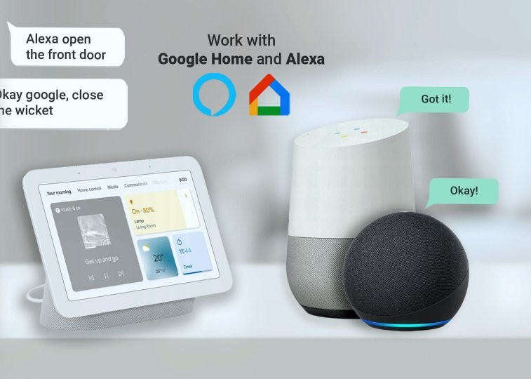 BleBox doorBox PRO z interfejsem BleBox doorBox PRO z ekranem i głośnikami Google Home na białym tle