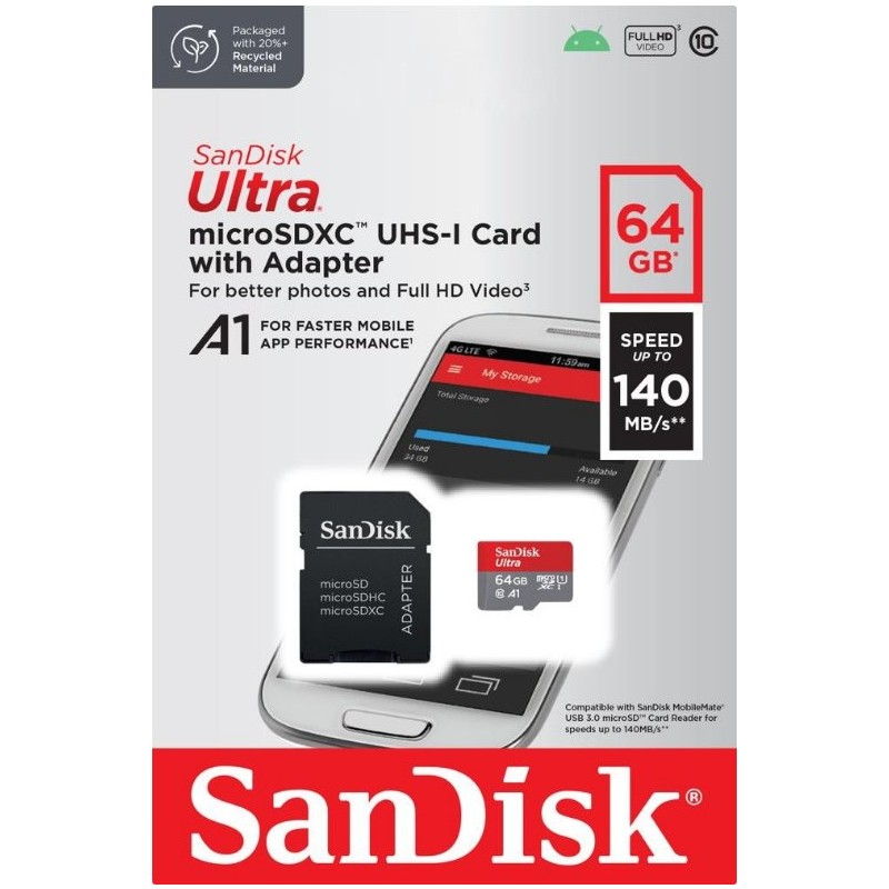 SanDisk Ultra microSDXC 64 GB UHS-I Class 10 U1 A1 140 MB/s + adapter SD
