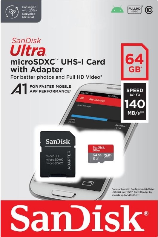 Karta microSDXC SanDisk Ultra 64GB z adapterem, prędkość do 140 MB/s, klasa A1