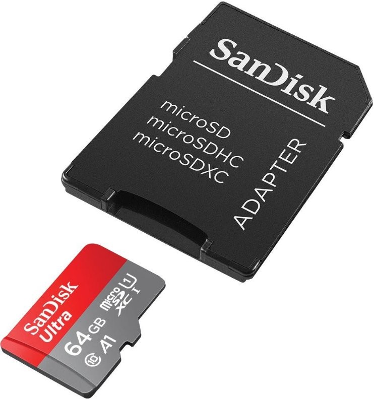 Karta pamięci SanDisk Ultra microSDXC 64GB z adapterem SD - czerwono-szary produkt z napisem '64GB' i logo 'A1', czarny adapter z białym napisem