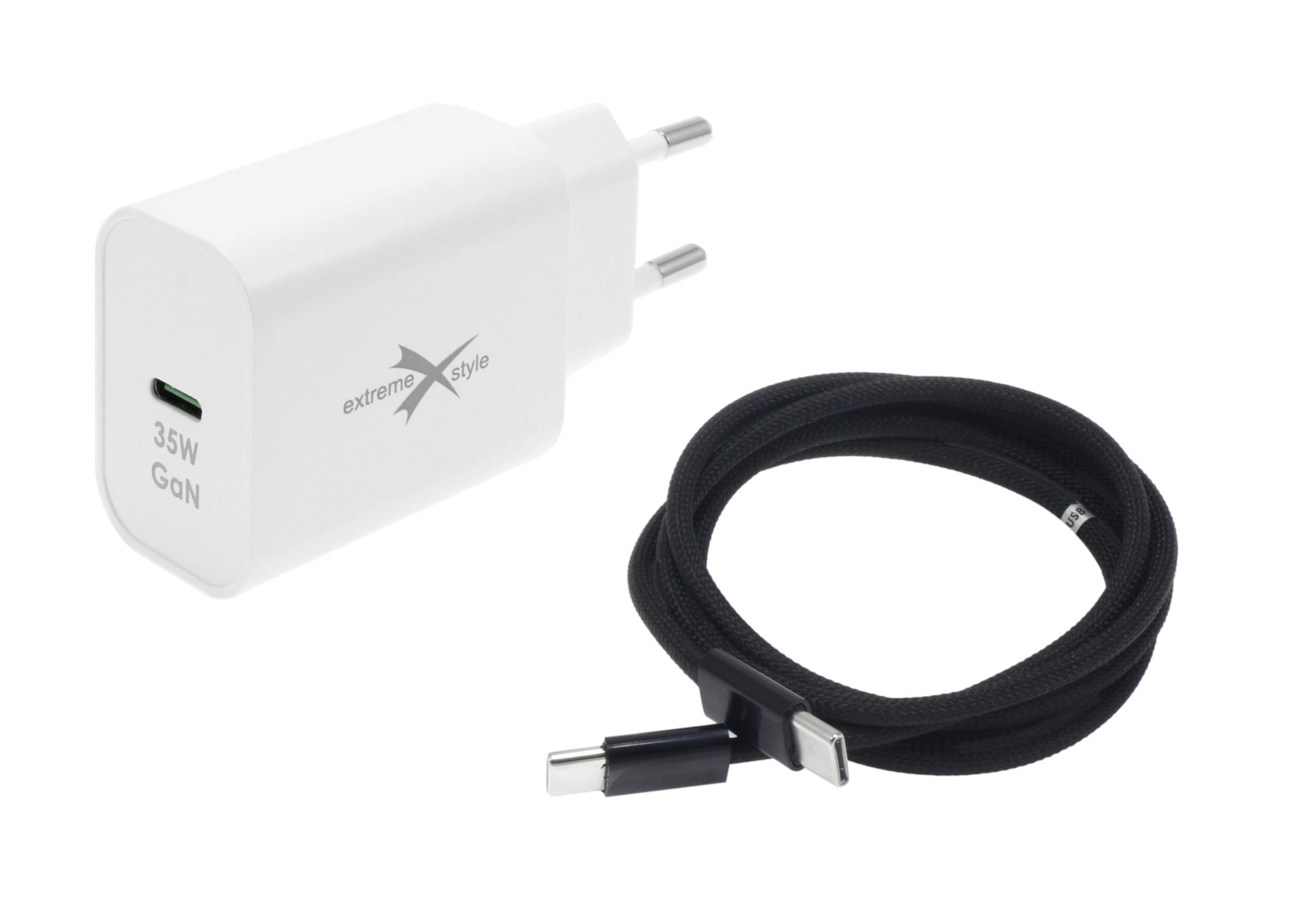 Ładowarka eXtremestyle TC35C + Kabel Nylo 65W Zestaw ładowarki GaN 35W i kabelu Nylo USB-C 65W 1m do szybkiego ładowania telefonu