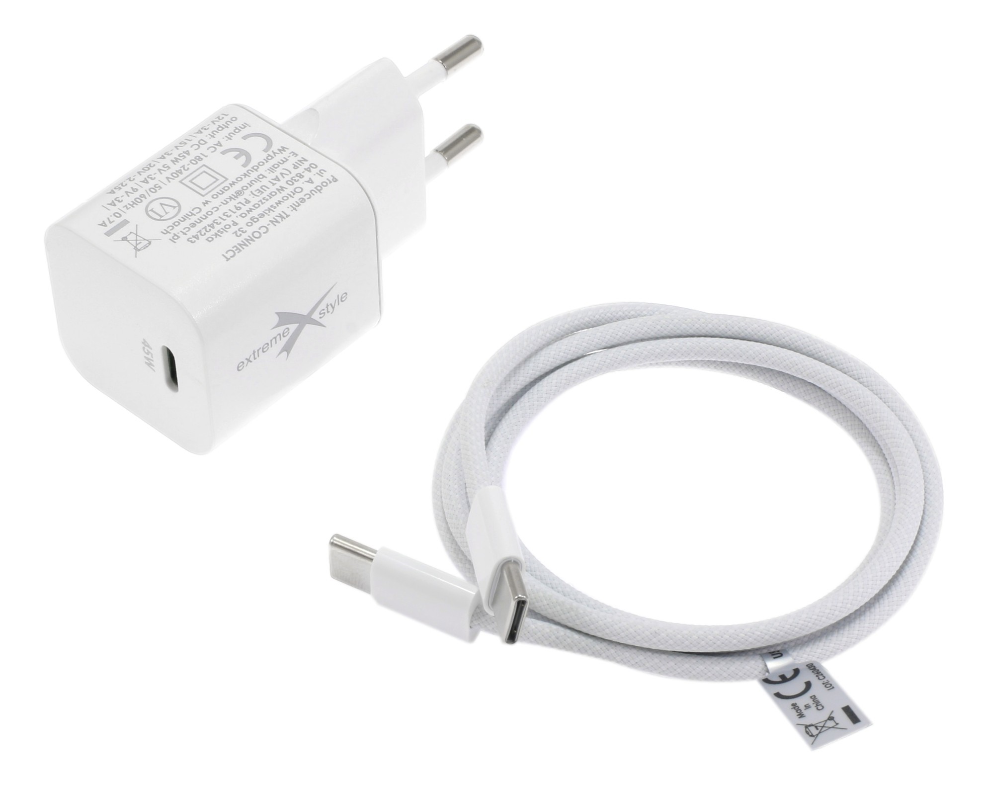 GaN 45W + Nylo 65W 1m Zestaw GaN USB-C 45W + Nylo 65W 1m - biały, ładowarka 45 W oraz kabel USB-C 65 W do iPhone'a