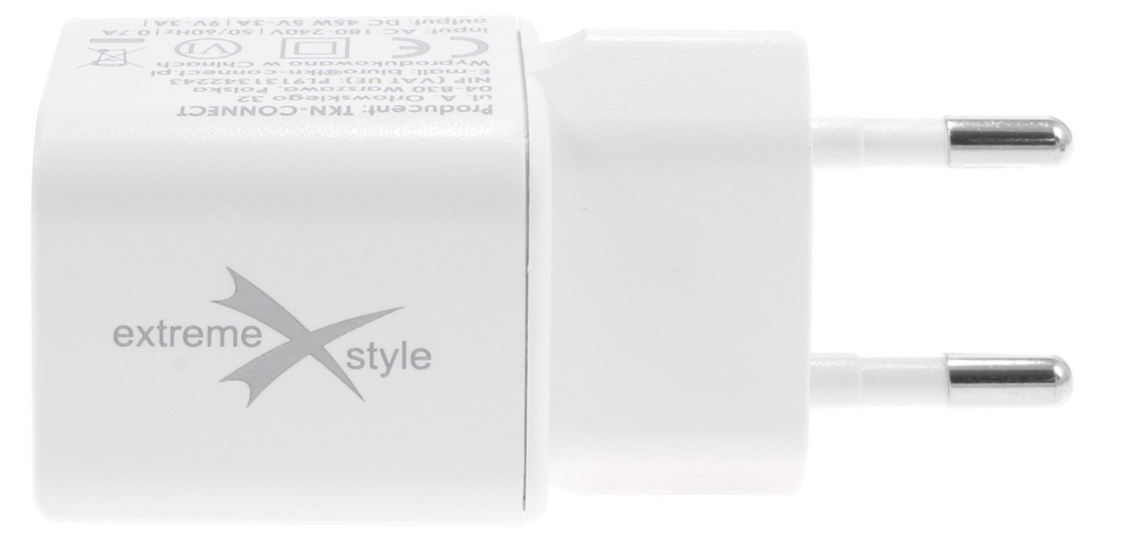 GaN USB-C 45W Ładowarka Biała Ładowarka GaN USB-C 45W w kolorze białym z logo 'extreme X style' i parametrami technicznymi