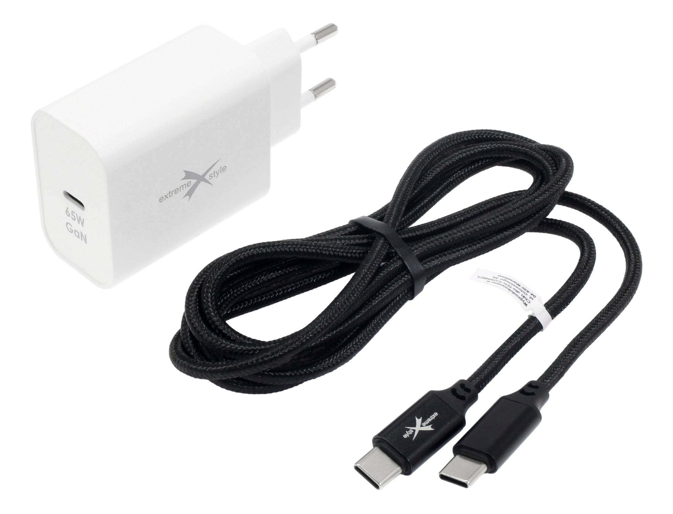 GaN 65W + kabel USB-C 100W 1,5m Zestaw GaN USB-C PD/PPS 65W + kabel USB-C 100W 1,5m czarny